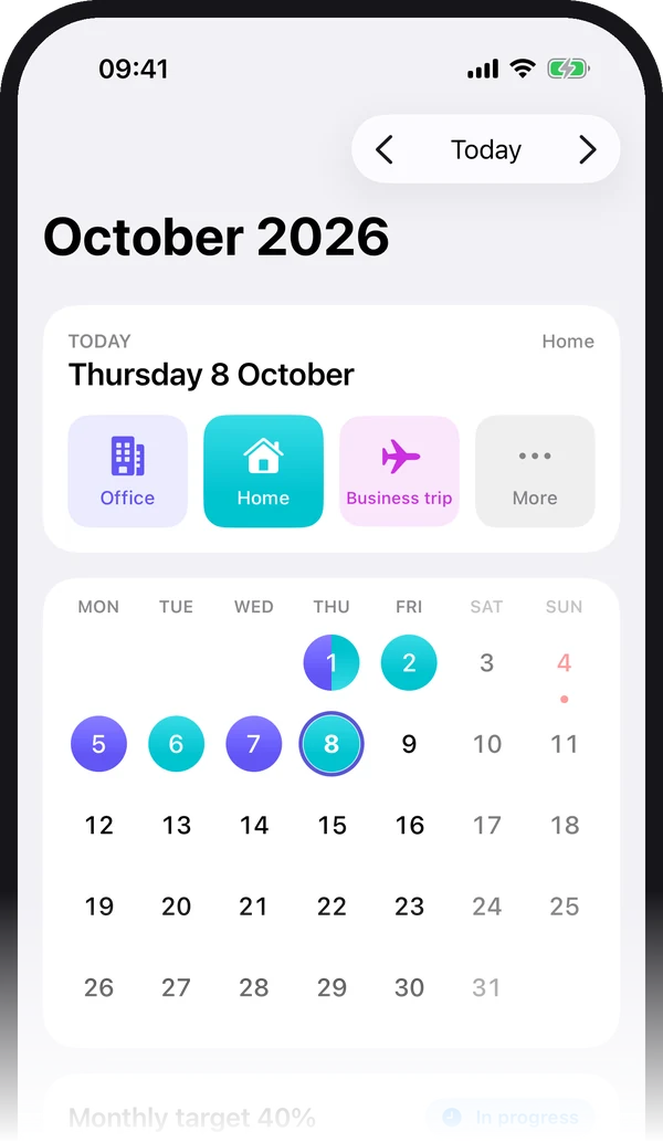 HomeOffice calendar: October with office days in purple, home days in teal and a half day split in two; above it, the buttons to log today as Office, Home or Business trip.