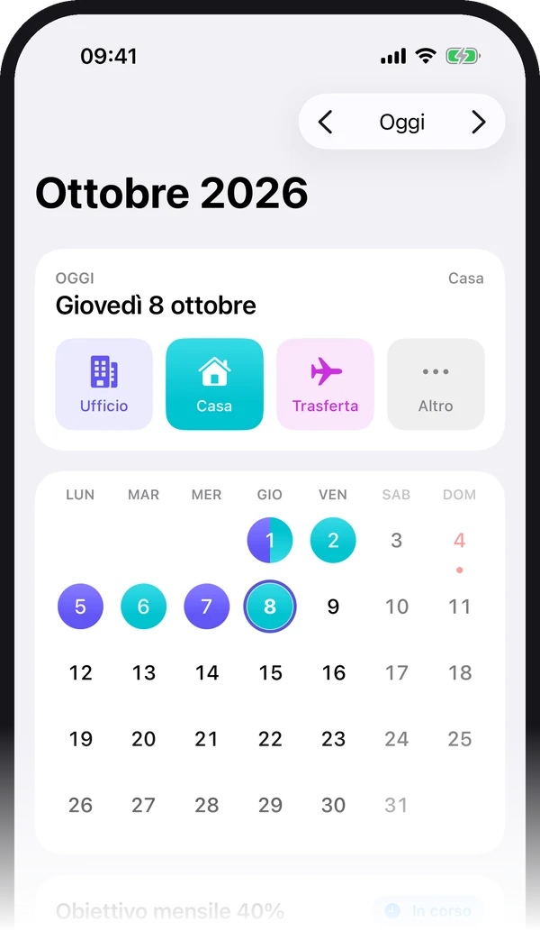 Calendario di HomeOffice: il mese di ottobre con i giorni in ufficio in viola, quelli da casa in verde acqua e una mezza giornata divisa a metà; sopra, i pulsanti per segnare oggi Ufficio, Casa o Trasferta.