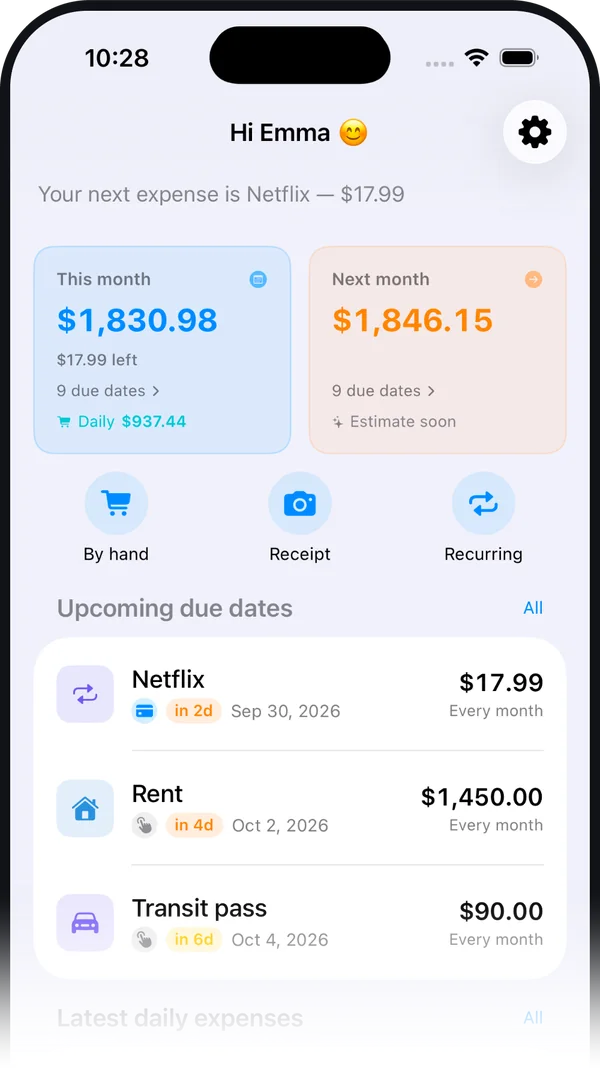 Skurda's Home screen: a greeting, the next expense, cards with this month's and next month's totals and daily spending, the quick actions By hand, Receipt and Recurring, and upcoming due dates.